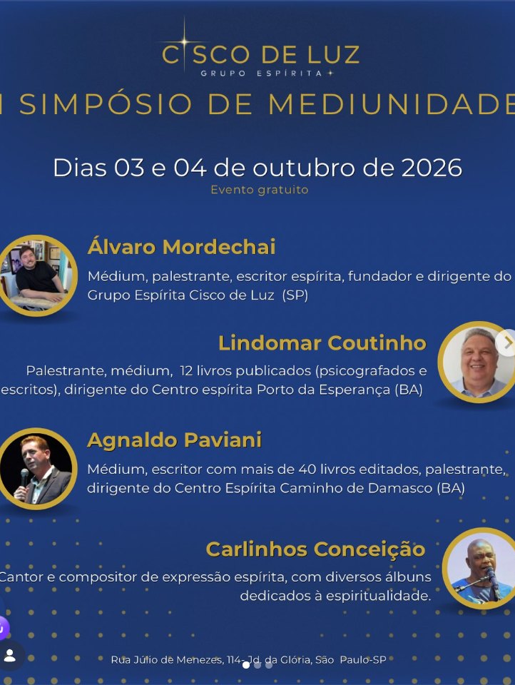 Cartaz do I Simpósio de Mediunidade, 03 e 04 de outubro de 2026, com os palestrantes